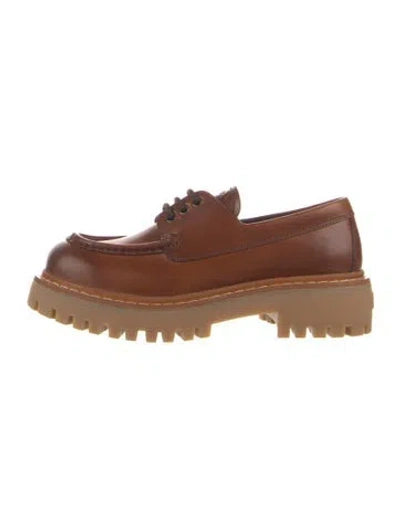 Pre-owned Prada Enameled Metal Triangle Leather Loafers In Brown