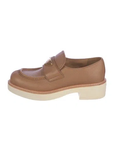 Pre-owned Prada Enameled Metal Triangle Leather Loafers In Brown