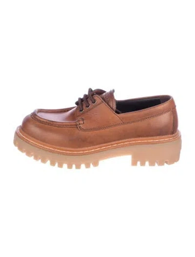 Pre-owned Prada Enameled Metal Triangle Leather Loafers In Brown