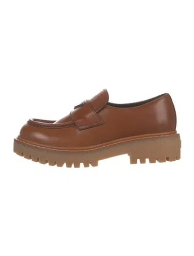 Pre-owned Prada Enameled Metal Triangle Leather Loafers In Brown