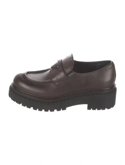 Pre-owned Prada Enameled Metal Triangle Leather Loafers In Burgundy