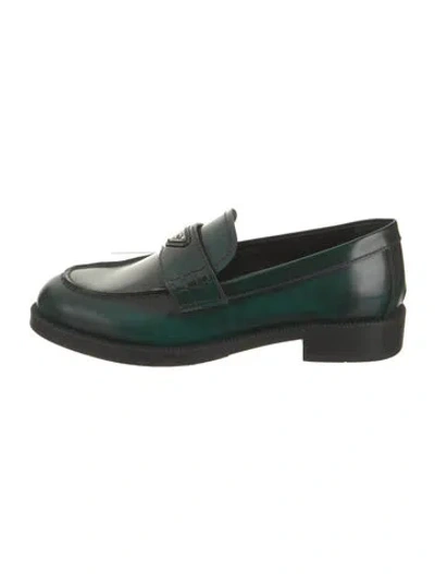 Pre-owned Prada Enameled Metal Triangle Leather Loafers In Green