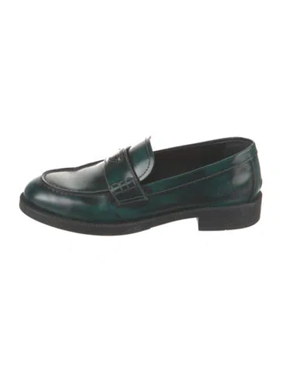 Pre-owned Prada Enameled Metal Triangle Leather Loafers In Green