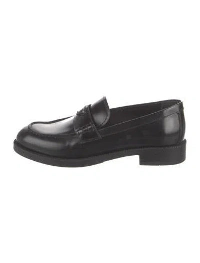 Pre-owned Prada Enameled Metal Triangle Leather Loafers In Green