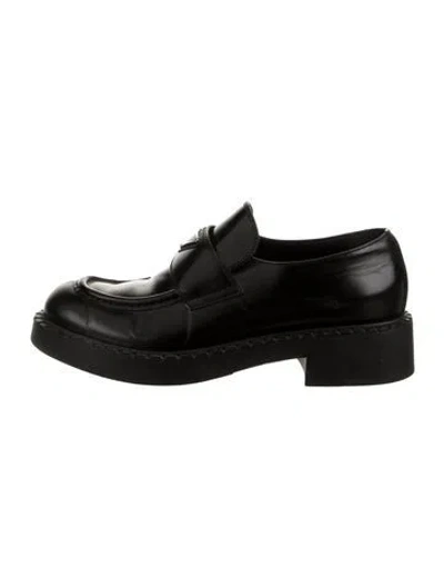 Pre-owned Prada Enameled Metal Triangle Leather Loafers In Green