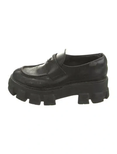 Pre-owned Prada Enameled Metal Triangle Leather Loafers In Green