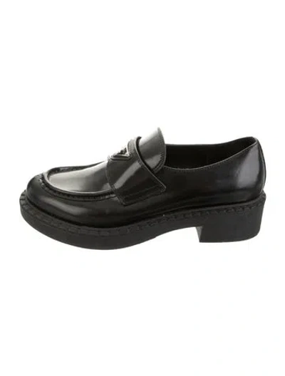 Pre-owned Prada Enameled Metal Triangle Leather Loafers In Green