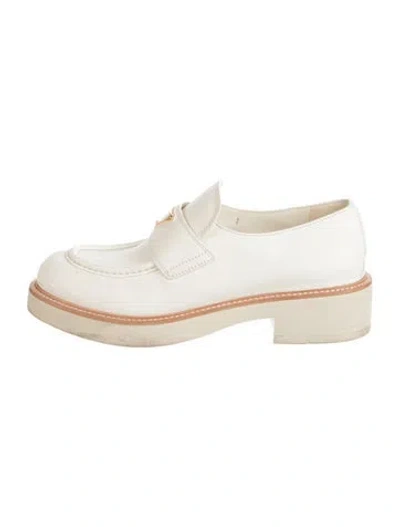 Pre-owned Prada Enameled Metal Triangle Leather Loafers In Neutral
