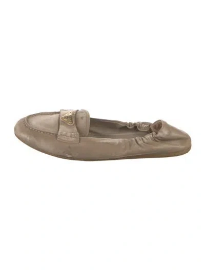 Pre-owned Prada Enameled Metal Triangle Leather Loafers In Neutrals