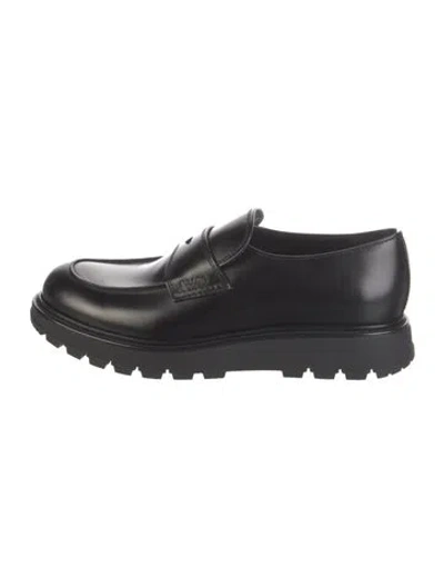 Pre-owned Prada Enameled Metal Triangle Leather Loafers W/ Tags In Black