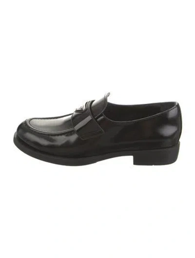 Pre-owned Prada Enameled Metal Triangle Leather Loafers W/ Tags In Black