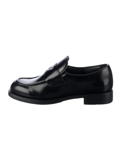 Pre-owned Prada Enameled Metal Triangle Leather Loafers W/ Tags In Black