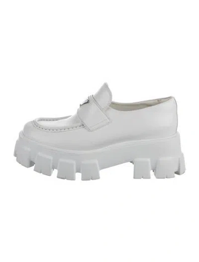 Pre-owned Prada Enameled Metal Triangle Leather Loafers In White