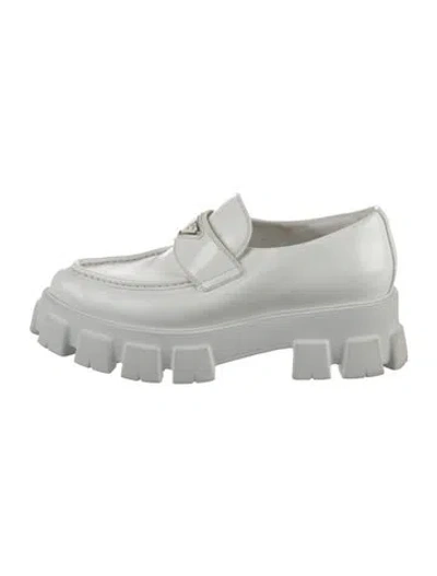Pre-owned Prada Enameled Metal Triangle Leather Loafers In White