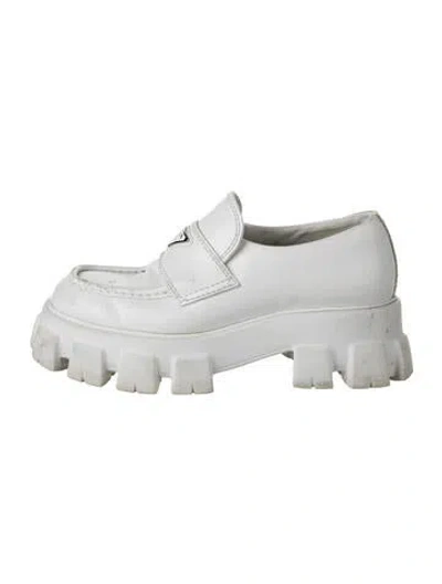 Pre-owned Prada Enameled Metal Triangle Leather Loafers In White