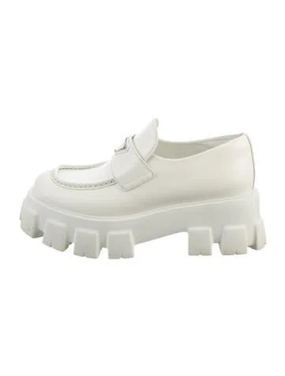 Pre-owned Prada Enameled Metal Triangle Leather Loafers In White