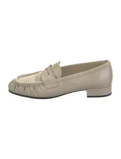 Pre-owned Prada Enameled Metal Triangle Leather Loafers In White