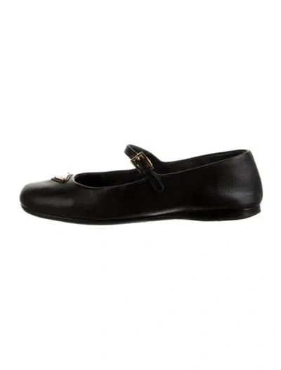 Pre-owned Prada Enameled Metal Triangle Leather Mary Jane Flats In Black