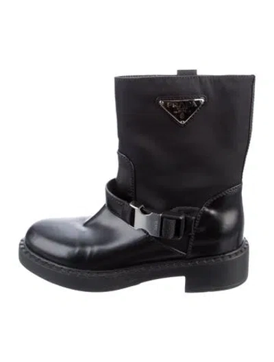 Pre-owned Prada Enameled Metal Triangle Leather Moto Boots In Black