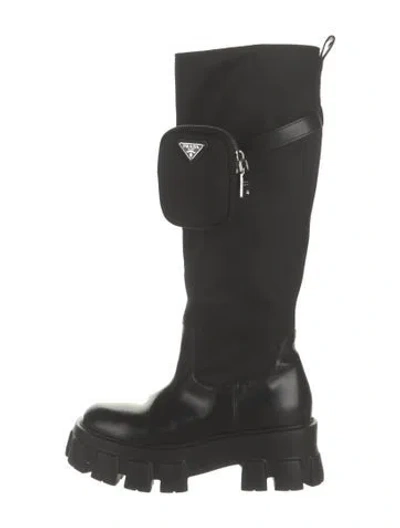 Pre-owned Prada Enameled Metal Triangle Leather Moto Boots In Black