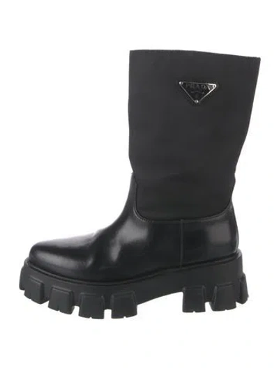 Pre-owned Prada Enameled Metal Triangle Leather Moto Boots In Black