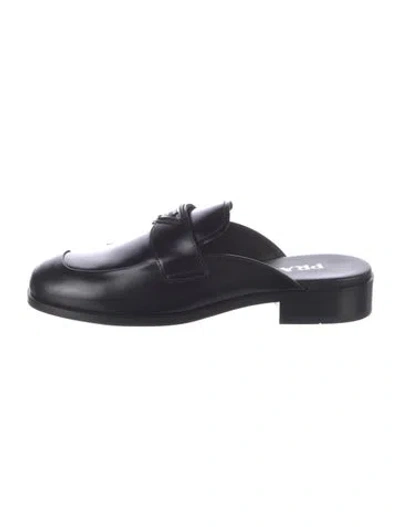 Pre-owned Prada Enameled Metal Triangle Leather Mules In Black