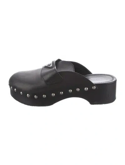 Pre-owned Prada Enameled Metal Triangle Leather Mules In Black