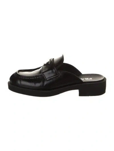 Pre-owned Prada Enameled Metal Triangle Leather Mules In Black