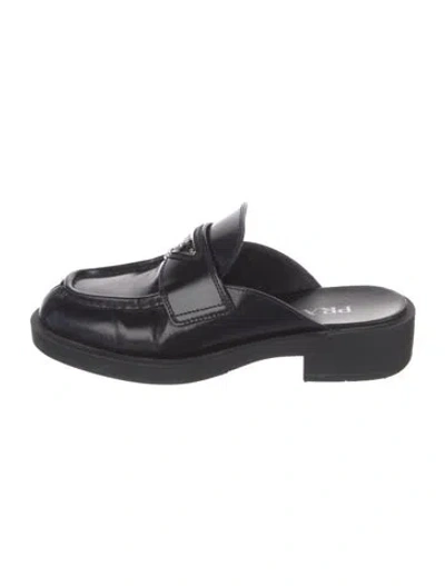 Pre-owned Prada Enameled Metal Triangle Leather Mules In Black