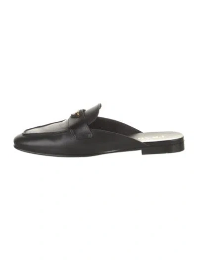 Pre-owned Prada Enameled Metal Triangle Leather Mules In Black