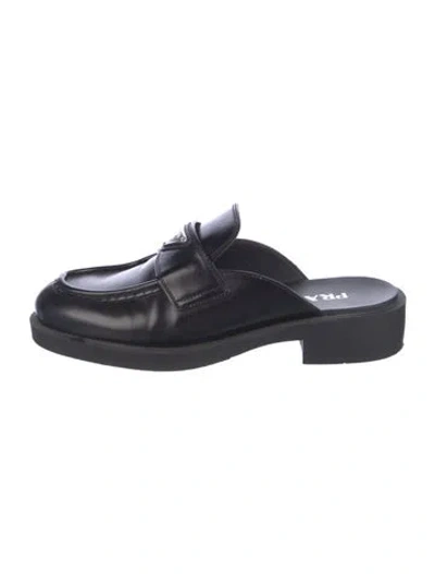 Pre-owned Prada Enameled Metal Triangle Leather Mules In Black