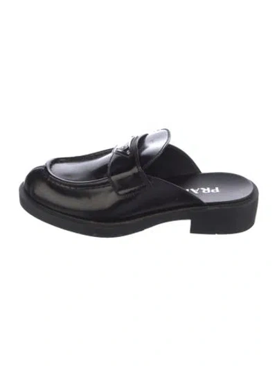 Pre-owned Prada Enameled Metal Triangle Leather Mules In Black