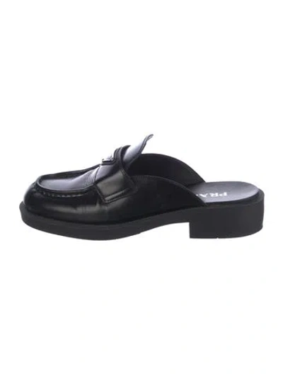 Pre-owned Prada Enameled Metal Triangle Leather Mules In Black