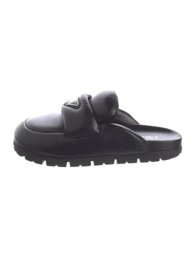 Pre-owned Prada Enameled Metal Triangle Leather Mules In Black
