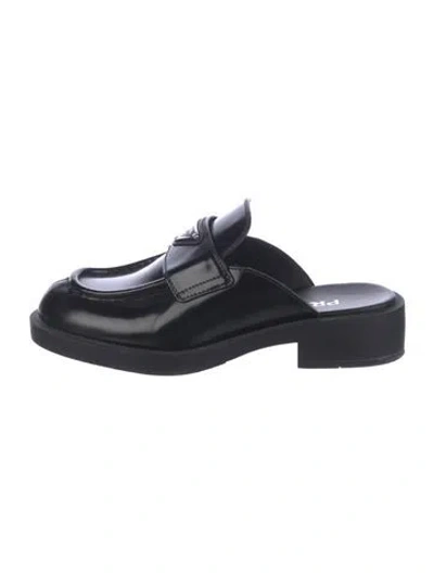 Pre-owned Prada Enameled Metal Triangle Leather Mules In Black