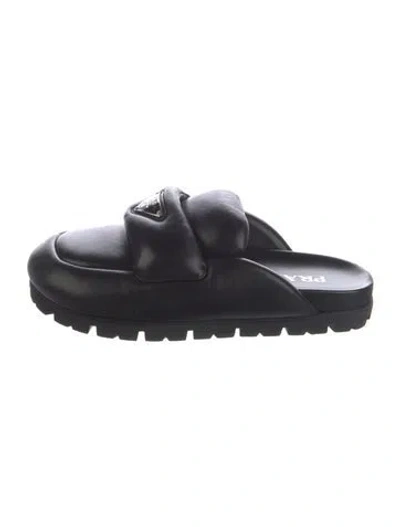 Pre-owned Prada Enameled Metal Triangle Leather Mules In Black
