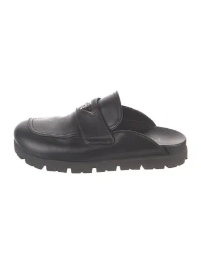 Pre-owned Prada Enameled Metal Triangle Leather Mules In Black