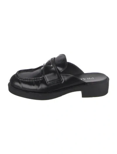 Pre-owned Prada Enameled Metal Triangle Leather Mules In Black