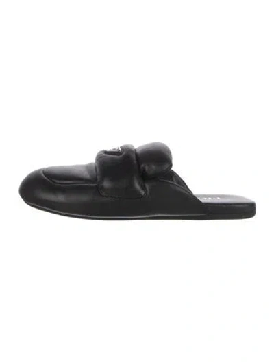 Pre-owned Prada Enameled Metal Triangle Leather Mules In Black