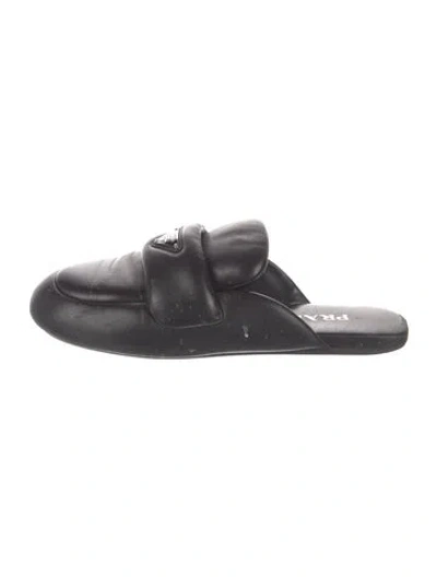 Pre-owned Prada Enameled Metal Triangle Leather Mules In Black