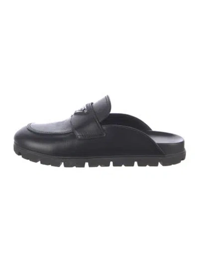Pre-owned Prada Enameled Metal Triangle Leather Mules In Black