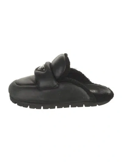 Pre-owned Prada Enameled Metal Triangle Leather Mules In Black