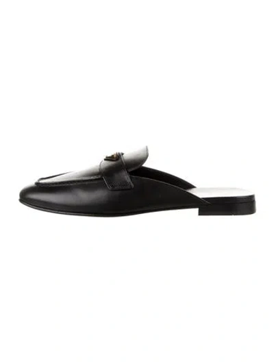 Pre-owned Prada Enameled Metal Triangle Leather Mules In Black