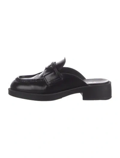 Pre-owned Prada Enameled Metal Triangle Leather Mules In Black