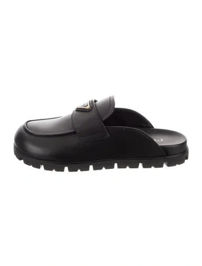 Pre-owned Prada Enameled Metal Triangle Leather Mules In Black