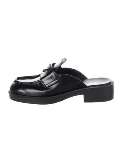 Pre-owned Prada Enameled Metal Triangle Leather Mules In Black