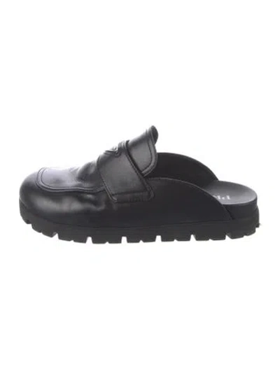 Pre-owned Prada Enameled Metal Triangle Leather Mules In Black