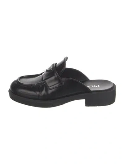 Pre-owned Prada Enameled Metal Triangle Leather Mules In Black