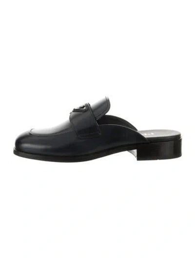 Pre-owned Prada Enameled Metal Triangle Leather Mules In Blue