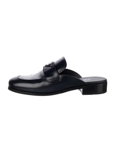 Pre-owned Prada Enameled Metal Triangle Leather Mules In Blue